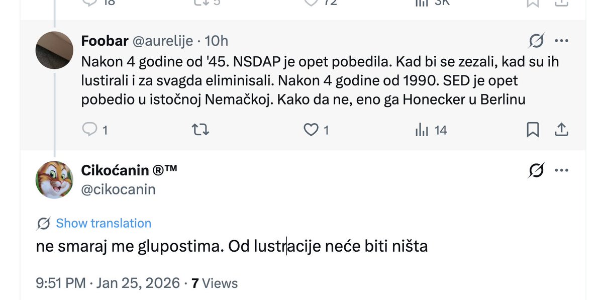 Pojavili se novi botovi koji se predstavljaju kao pro EU a potajno rade za SNS šireću apatiju. Valjda posle onih "svi su isti" ovo je novi model "ništa se neće desiti" u primeru dole da lustracije neće biti. Kad im odgovoriš kako im se ne sviđa blokiraju te :D