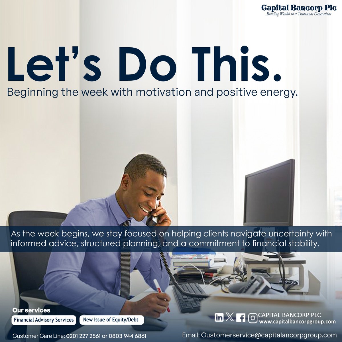 Motivation on, doubts off. Let’s do this!
Beginning the week with determination and positivity! Let’s do this take control of your goals, stay focused, and remember that every effort today brings you closer to your dreams.

For more information, kindly call:  0803 944 6861