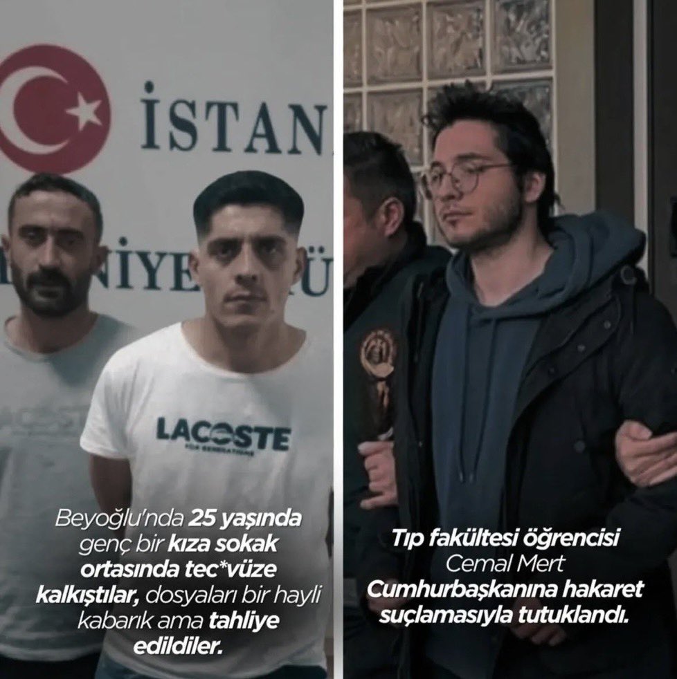 Herkese hayırlı sabahlar dostlar! Kardeşimize ses olalım.

— Soldakiler 25 yaşında genç bir kıza sokak ortasında tecavüze kalkıştılar. Tahliye edildiler!

— Sağdaki ise Tıp Fakültesi öğrencisi kardeşimiz, Cumhurbaşkanına hakaret suçlamasıyla cezaevinde tutuklu!

Cemal Mert