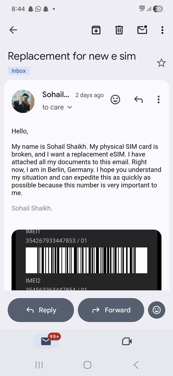 Sohail_0079's tweet photo. @JioCare I am out of India and my physical SIM has crashed. I already filled out the form and sent it to care@jio.com, but I haven't received a reply for 2 days. What should I do? https://t.co/CPUCKnrm8E