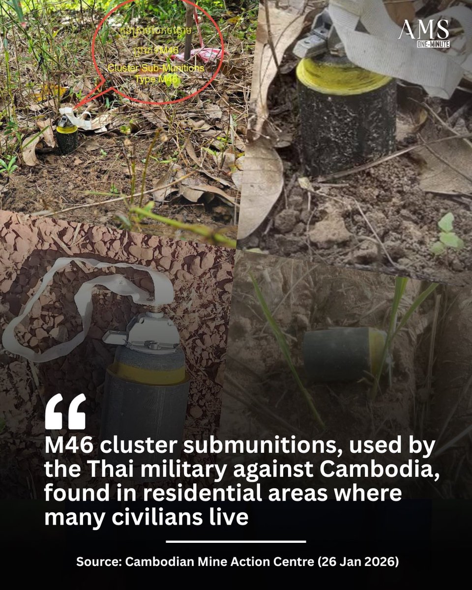 ams1minute's tweet photo. M46 cluster submunitions, used by the Thai military against Cambodia, found in residential areas where many civilians live https://t.co/m7YepGAbPN