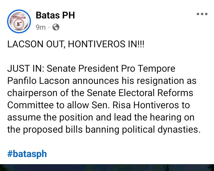 DeusXMachina14's tweet image. Lacson out , Hontiveros in. 
Senator Ping Lacson resigns as chair of the Senate Electoral Reforms Committee. Senator Risa will assume the position and lead the hearing on the proposed bills banning political dynasties.