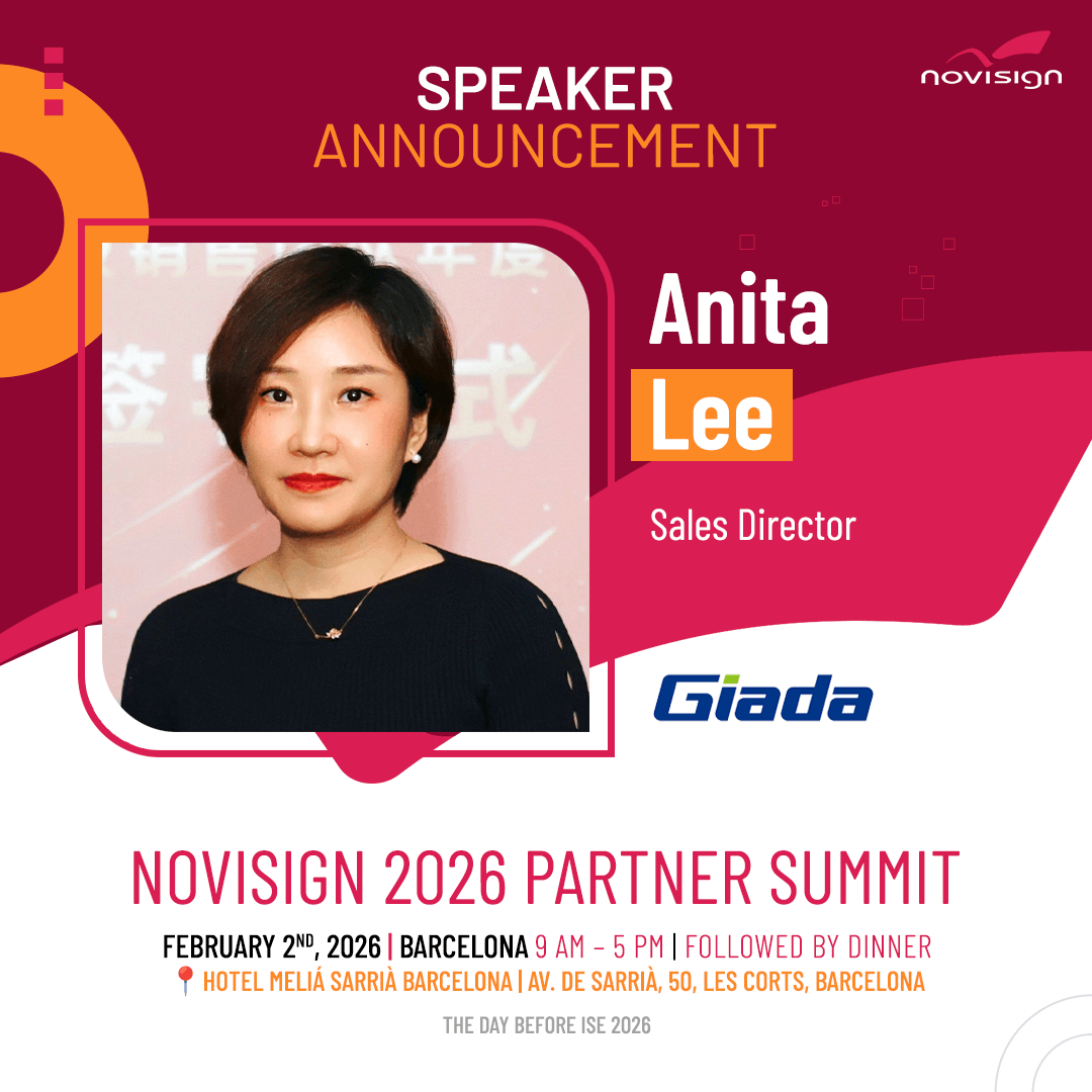 We’re pleased to welcome Anita Lee, Sales Director at Giada, as a speaker at the NoviSign Partner Summit 2026.

Anita will share insights on how Giada’s Android-based hardware and NoviSign’s cloud CMS enable reliable, scalable digital signage deployments.