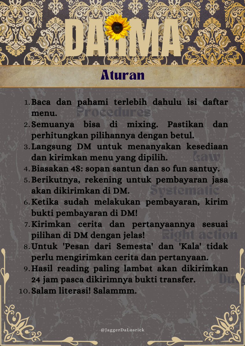 JaggerDaLosrick's tweet image. ☀️ 𝕳𝖊𝖗𝖊 𝕮𝖔𝖒𝖊𝖘 𝕿𝖍𝖊 𝕾𝖚𝖓 ☀️
𝓣𝓪𝓻𝓸𝓽  ✧ 𝓞𝓻𝓪𝓬𝓵𝓮 𝓡𝓮𝓪𝓭𝓲𝓷𝓰 🔮

Hey ho!
Aku Jagger, dan inilah menu terbaruku untuk kalian yang mau baca 𝙏𝙖𝙧𝙤𝙩 &amp;amp; 𝙊𝙧𝙖𝙘𝙡𝙚.
 
#TarotReading #Tarot

🔖Tarot Indonesia, Baca Tarot Murah, Tarot Reading