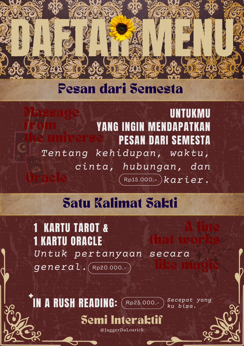 JaggerDaLosrick's tweet image. ☀️ 𝕳𝖊𝖗𝖊 𝕮𝖔𝖒𝖊𝖘 𝕿𝖍𝖊 𝕾𝖚𝖓 ☀️
𝓣𝓪𝓻𝓸𝓽  ✧ 𝓞𝓻𝓪𝓬𝓵𝓮 𝓡𝓮𝓪𝓭𝓲𝓷𝓰 🔮

Hey ho!
Aku Jagger, dan inilah menu terbaruku untuk kalian yang mau baca 𝙏𝙖𝙧𝙤𝙩 &amp;amp; 𝙊𝙧𝙖𝙘𝙡𝙚.
 
#TarotReading #Tarot

🔖Tarot Indonesia, Baca Tarot Murah, Tarot Reading