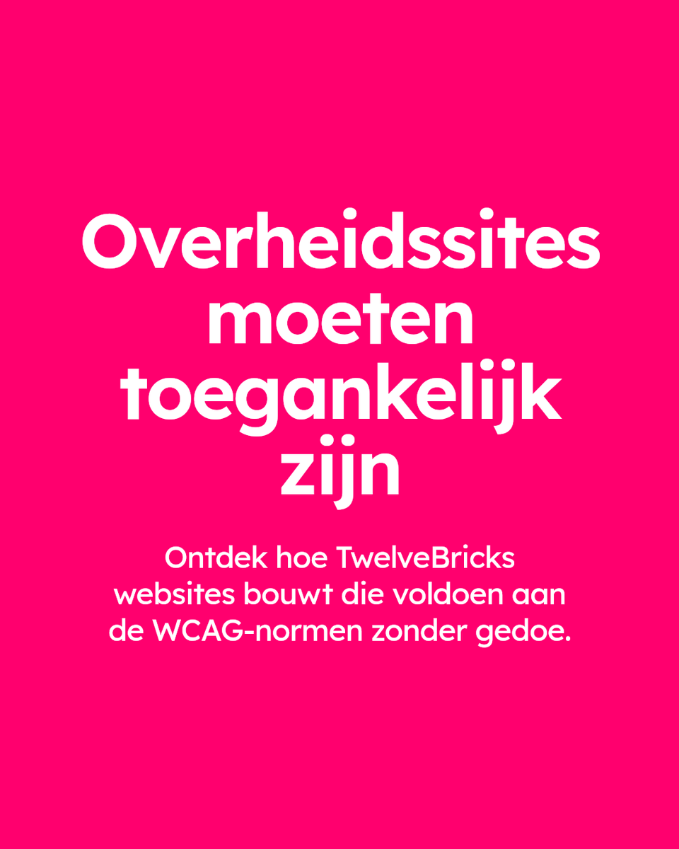Wist je dat overheidssites toegankelijk móeten zijn? TwelveBricks bouwt websites die standaard voldoen aan WCAG. Ideaal voor lokale en landelijke overheden die willen voldoen aan de wet zonder gedoe.