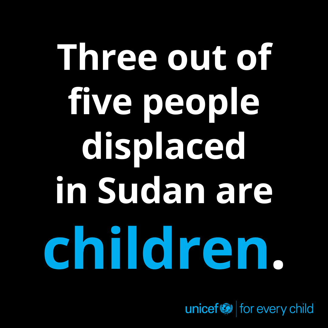 UNICEF's tweet photo. In Sudan, 9.5 million people are internally displaced across 18 states, making it the world’s largest internal displacement crisis.

For nearly three years, Sudan’s children have been enduring - and continue to endure - a humanitarian catastrophe driven by conflict, displacement, disease and hunger.

UNICEF continues to stay on the ground, delivering life-saving, essential services with partners for children and families affected - including health and nutrition, safe water, psychosocial support and education.

However, the crisis remains severely under-reported and underfunded.

Children in Sudan need long-lasting peace and stability NOW.