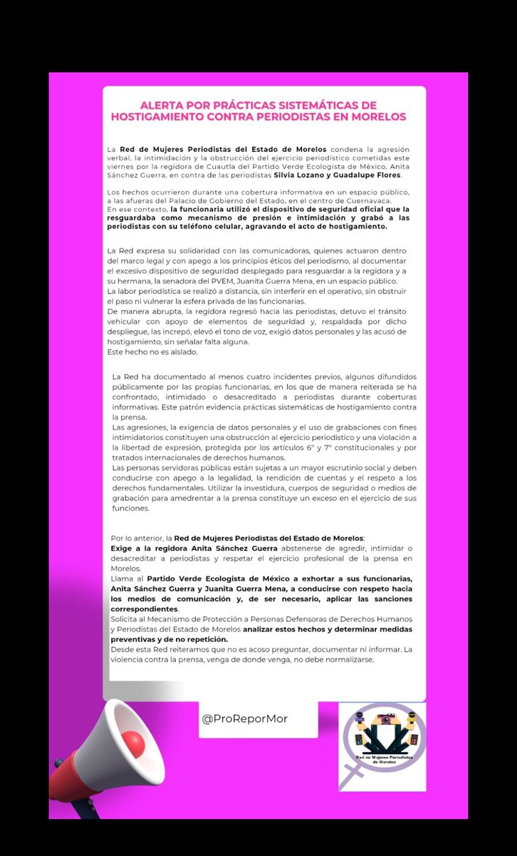 La <a href="/ProReporMor/">Red de Mujeres Periodistas de Morelos</a> condena las agresiones, intimidaciones y la obstrucción al ejercicio periodístico cometidas x la regidora de Cuautla, Anita Sánchez Guerra, en compañía de la senadora Juanita Guerra, vs las reporteras Silvia Lozano y Guadalupe Flores. Documentar no es acoso.