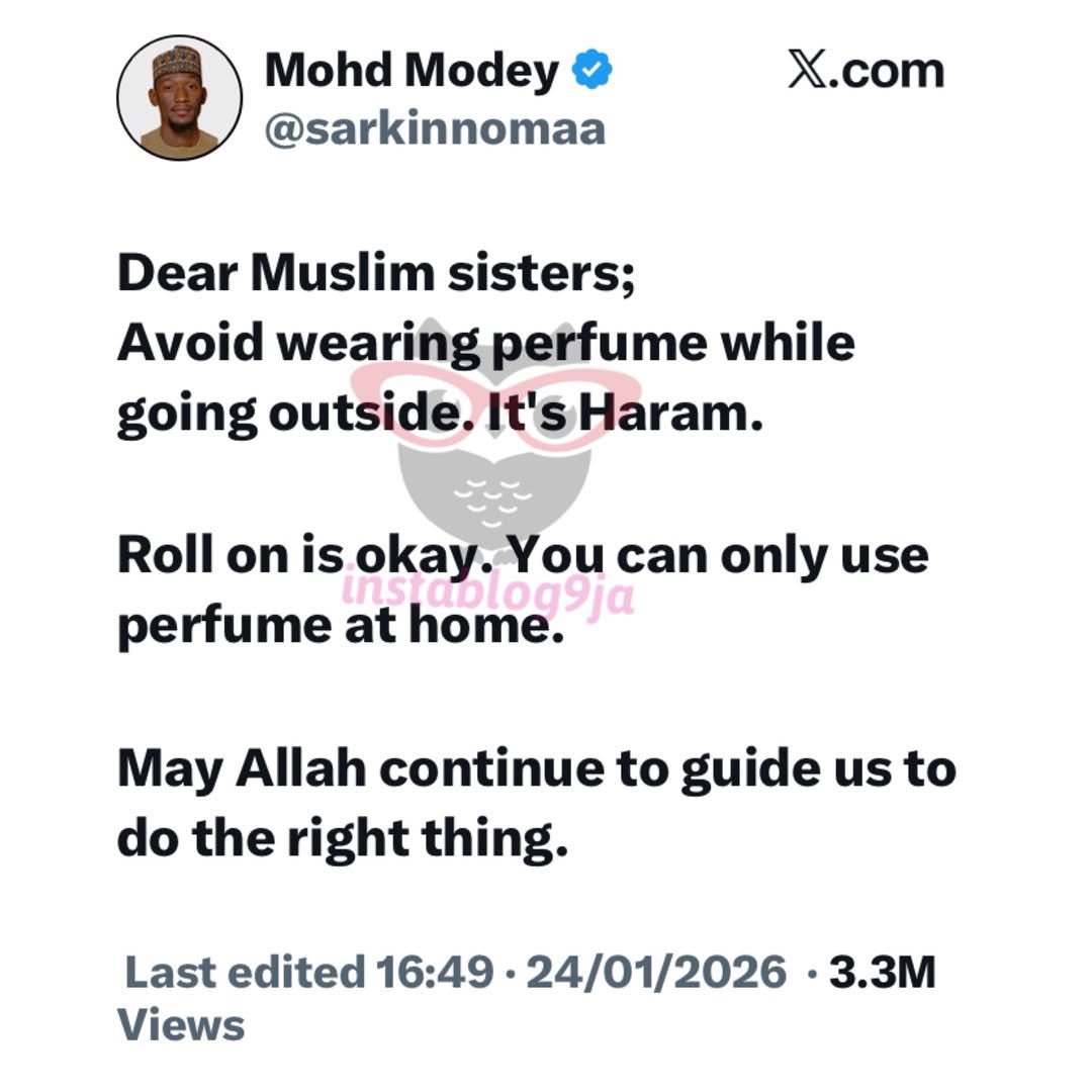 instablog9ja's tweet image. It's an Haram to wear perfume outside — Economist Modey warns Muslim sisters