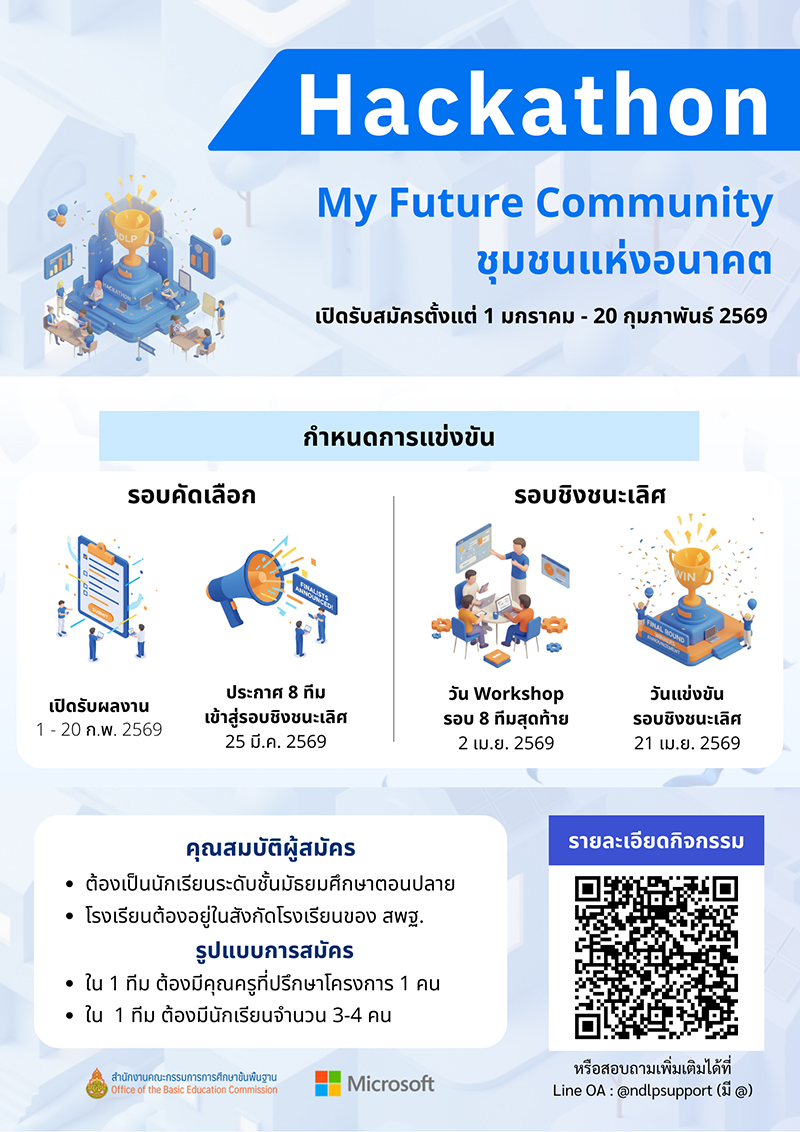 contestwar's tweet image. สำนักงานคณะกรรมการการศึกษาขั้นพื้นฐาน ขอเชิญนักเรียนมัธยมศึกษาตอนปลายในสังกัดโรงเรียนของ สพฐ. สมัครเข้าร่วมการแข่งขันการใช้ AI เชิงสร้างสรรค์ "AI Hackathon : My Future Community ชุมชนแห่งอนาคต" ชิงทุนการศึกษามูลค่ากว่า 150,000 บาท พร้อมถ้วยรางวัล contestwar.com/contest/18061