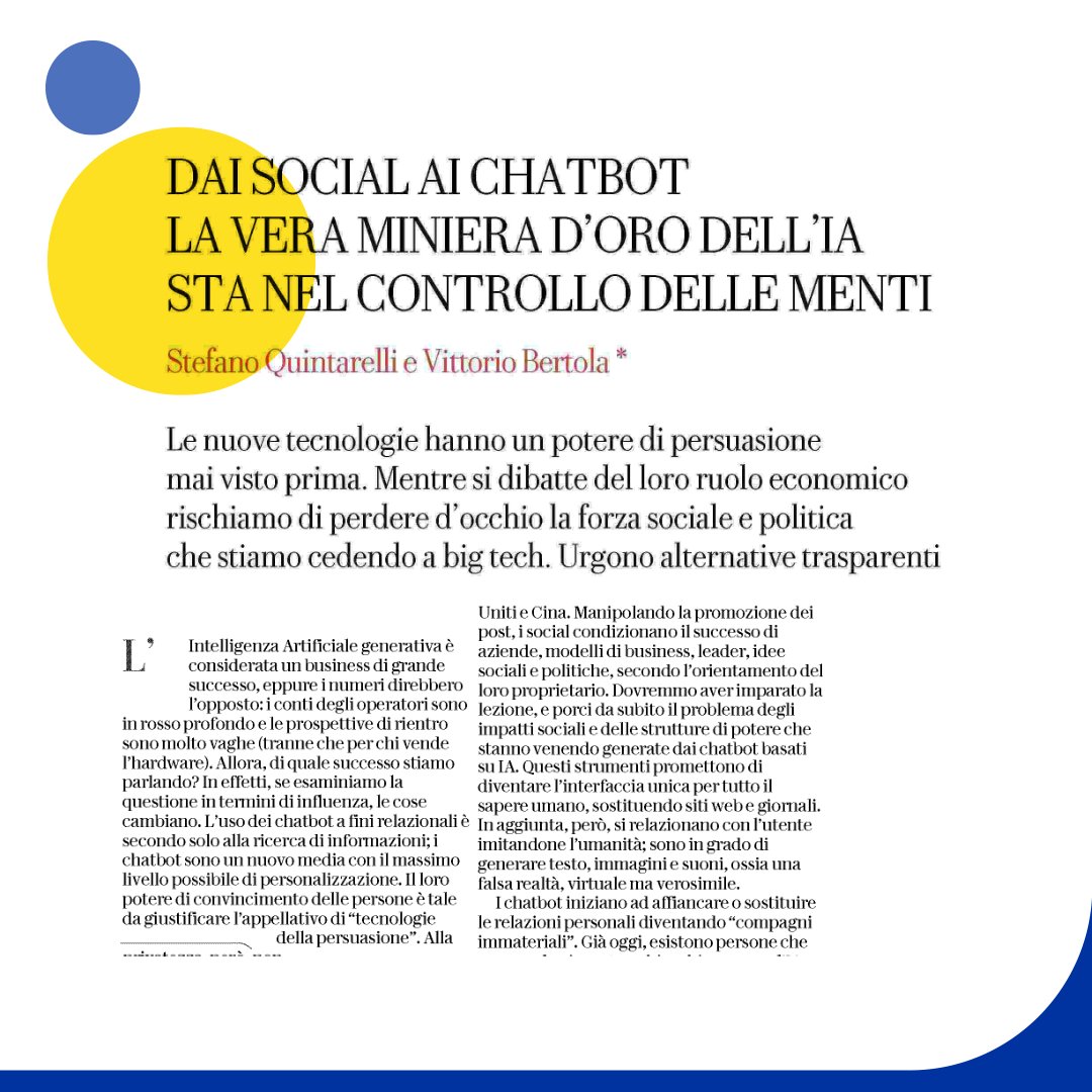 infocamere's tweet photo. Le nuove tecnologie hanno un potere di persuasione
mai visto prima.
📰"Dai social ai chatbot. La vera miniera d'oro dell'IA sta nel controllo delle menti" su @RepubblicaAF 

#innovazione #AI @quinta @vittoriobertola @CNRsocial_ @recifar @copernicani @TIG_italia @UnaTecnologia https://t.co/F9VBKYoA8P