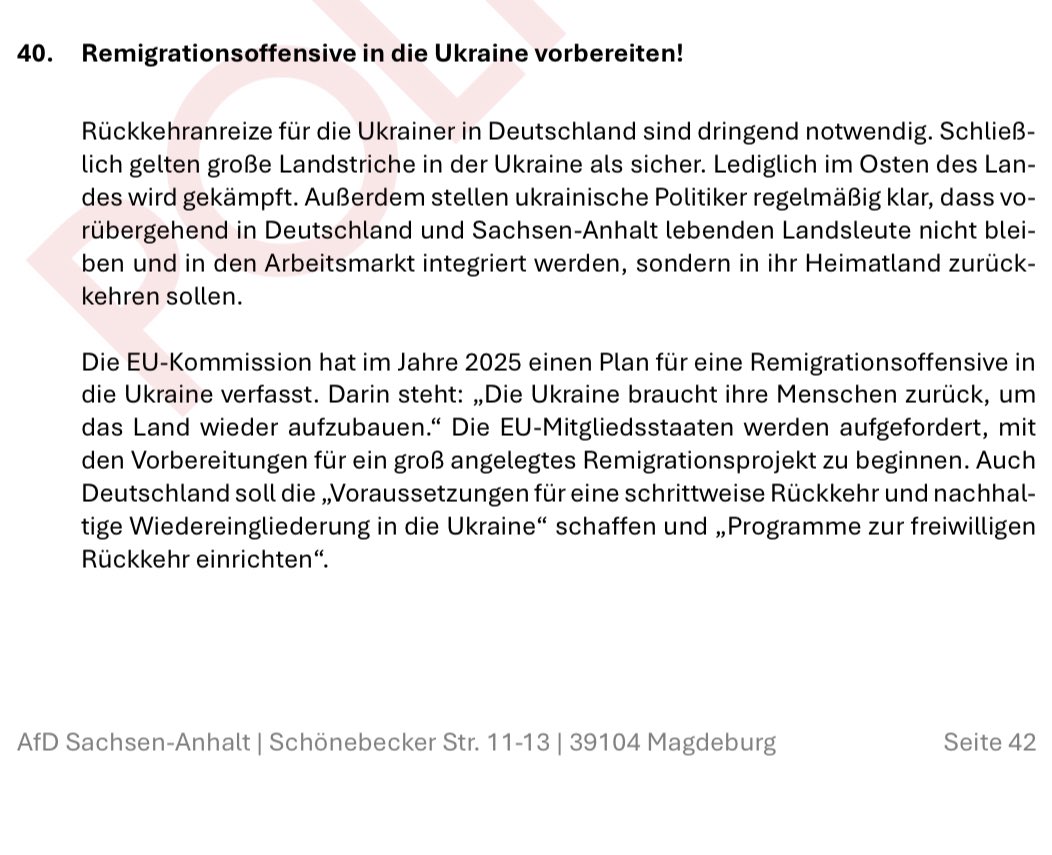 JHillje's tweet photo. “Remigrationsoffensive in die Ukraine” und “gute Beziehingen zu Russland” - das fordert die AfD Sachsen-Anhalt im Entwurf ihres Wahlprogramms 2026. 

Link zum kompletten Programmentwurf unten (Quelle: Politico). https://t.co/EiRRoFQNBv