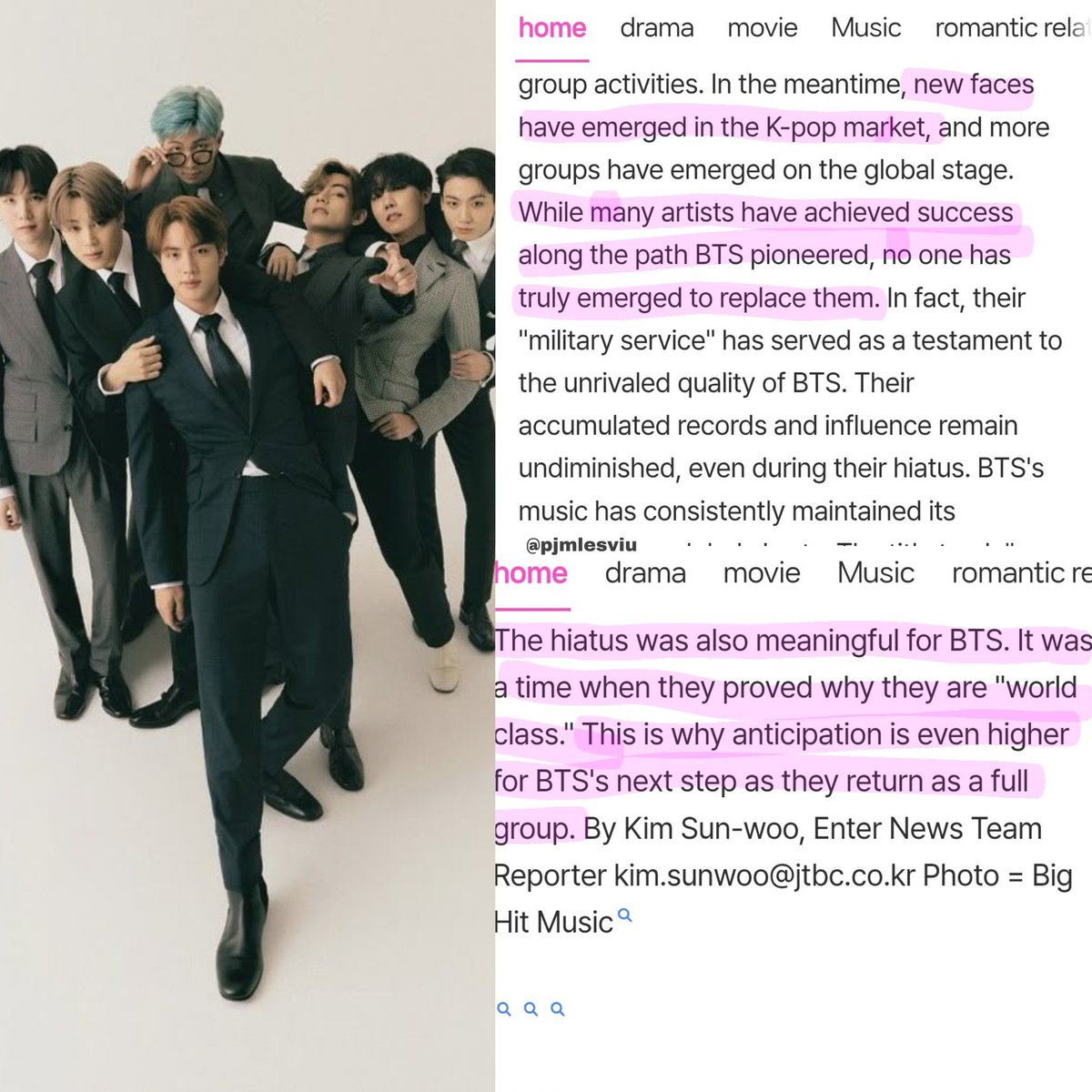 "Si bien muchos artistas lograron el éxito siguiendo el camino que BTS abrió nadie ha surgido para reemplazarlos"

"El hiatus...Fue un momento en que demostraron por qué son de clase mundial"

EL ARTÍCULO TIRO FACTOS🔥

BTS PAVED THE WAY
BTS GREATEST OF ALL TIME
BTS HISTORY MAKER