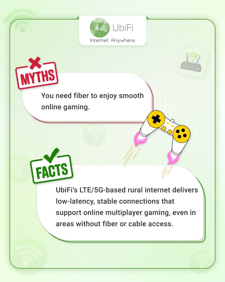 QuantaQuorum's tweet photo. Lag is a myth. Rural gaming is real. 🎮⚡
Power your gameplay with UbiFi.

Read More: https://t.co/Zp0mruxqQ5

#OnlineGaming #RuralInternet #5GInternet #LowLatency #GamingWithoutFiber #UbiFi https://t.co/k1Ix0PTU1b