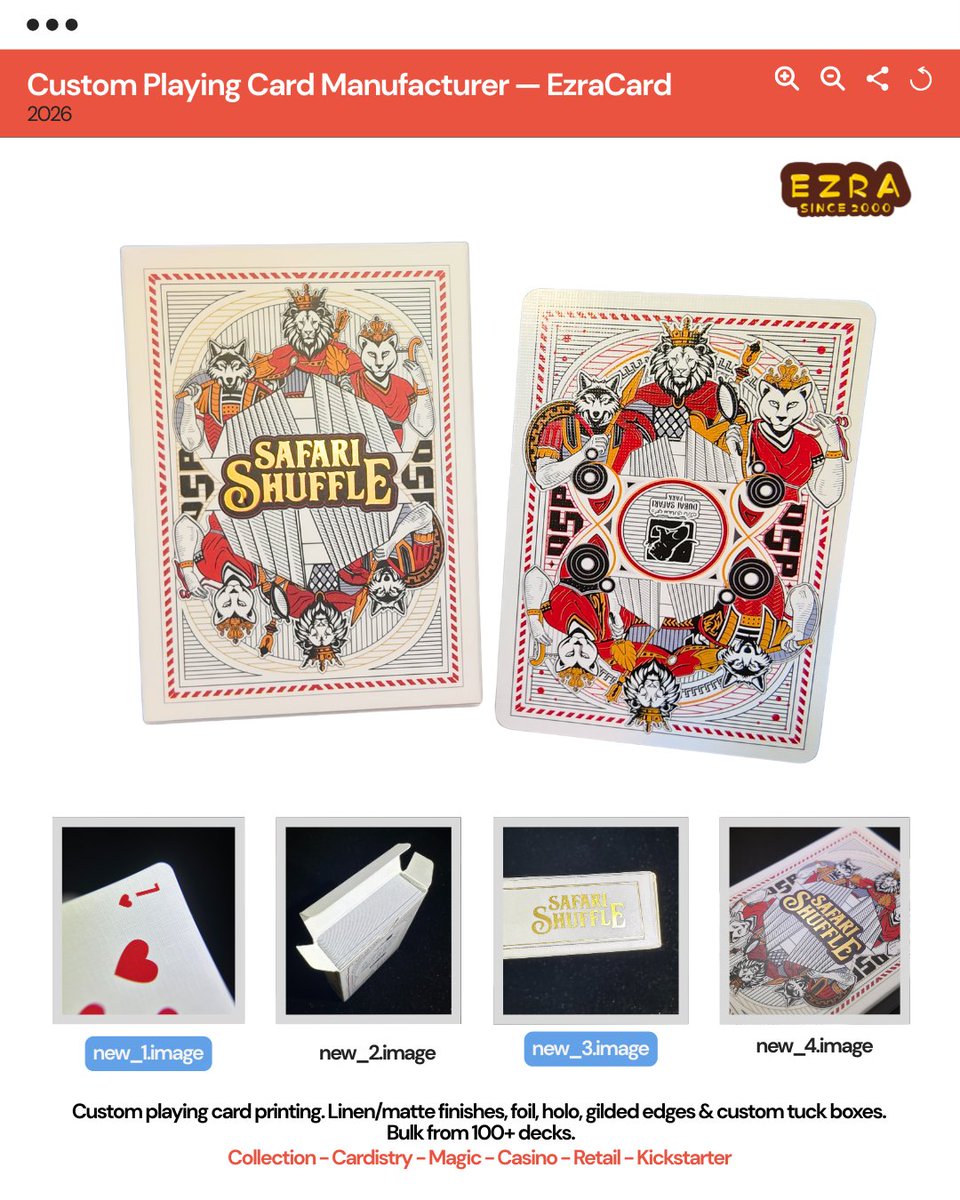 CustomGameDecks's tweet image. Are there any projects in progress?
Print your deck with EzraCard.
Poker cards: Collection - Cardistry - Magic - Casino - Retail - Kickstarter
Related: Tarot cards, Omen cards, TCG, Game cards, Board games, Learning cards, Jigsaw puzzles. Custom Printing