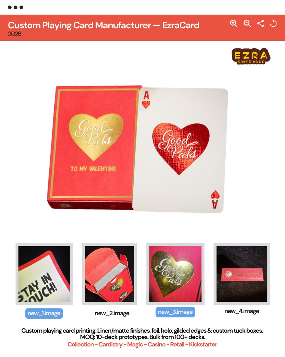 CustomGameDecks's tweet image. Are there any projects in progress?
Print your deck with EzraCard.
Poker cards: Collection - Cardistry - Magic - Casino - Retail - Kickstarter
Related: Tarot cards, Omen cards, TCG, Game cards, Board games, Learning cards, Jigsaw puzzles. Custom Printing