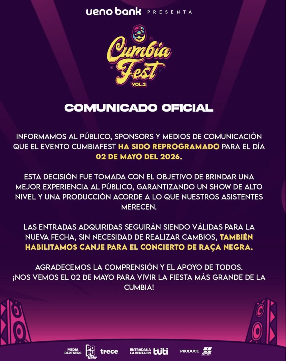 #CumbiaFest | ATENCIÓN ✋🏻 COMUNICADO OFICIAL 💥📢

📌 El evento fue reprogramado y ahora la gran fiesta cumbiera se vive el:
📆 02 de mayo del 2026 🗓️💥

🎫 Entradas compradas = siguen válidas ✅
🎟️ Canje habilitado para el concierto de Ráça Negra 😍🎤