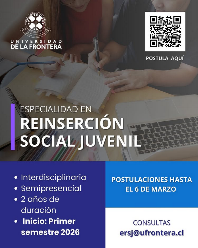 ersj_ufro's tweet photo. ¡Nueva formación de postgrado en la UFRO! 📚✨

La ERSJ de la UFRO continúa con su proceso de postulación iniciar en el primer semestre de 2026.

Si te interesa esta formación, te invitamos a completar el formulario de postulación:

https://t.co/x9qIhoQVSc https://t.co/BGEDTUrAhU