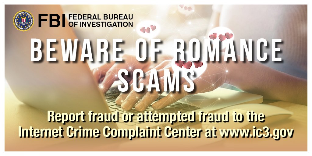 FBIBaltimore's tweet image. Are you really in love or is it simply a scammer trying to get you to empty your bank account? The excuses never end with romance scammers. Know the signs, ask the right questions, and don't become a #victim of #fraud: fbi.gov/romancescams