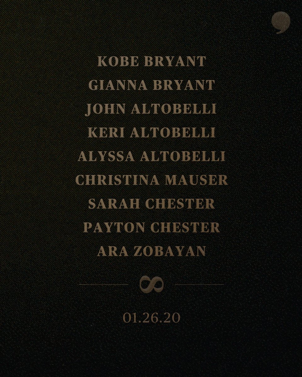 PlayersTribune's tweet image. In memory of Kobe, Gianna, John, Keri, Alyssa, Christina, Sarah, Payton and Ara. 💜💛