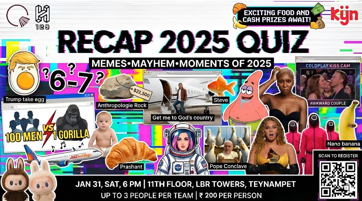 Aravindan_Sud's tweet photo. We at @h129_official are doing ✨ Recap 2025 ✨ A quiz on all things 2025, in collaboration with #TCQ and #KYN.
🌟 Team size: Upto 3 per team and INR 200/person for registrations
🌟 Registration link: https://t.co/lANGAKMlmk
🌟 Exciting cash prizes for top 3 teams https://t.co/mWWBnx64QF
