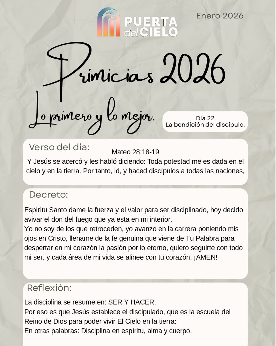 Día 22 de #Primicias2026 🍇
Avanzamos como discípulos, con disciplina, pasión y obediencia para manifestar el Reino en la tierra.