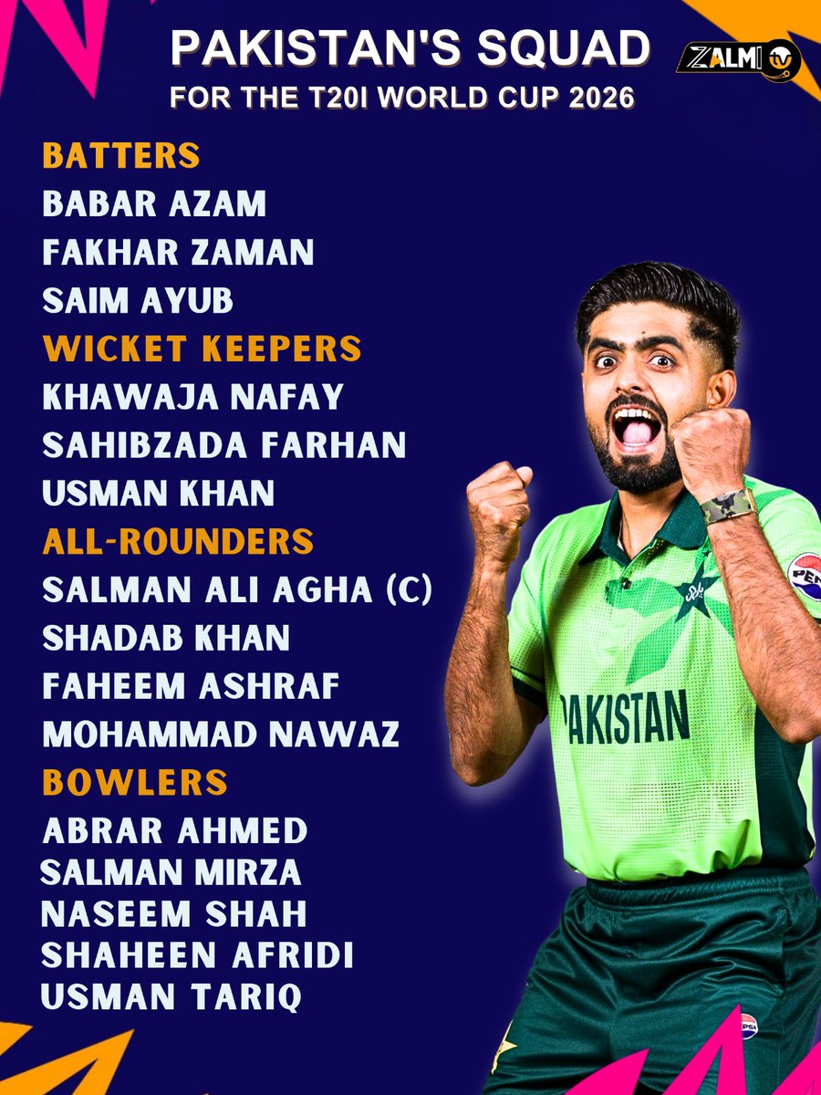 zalmitvlive's tweet image. 15-member squad for T20 World Cup:

Salman Ali Agha (captain), Abrar Ahmed, Babar Azam, Faheem Ashraf, Fakhar Zaman, Khawaja Mohammad Nafay (wk), Mohammad Nawaz, Mohammad Salman Mirza...

#WorldCup2026 #Squad