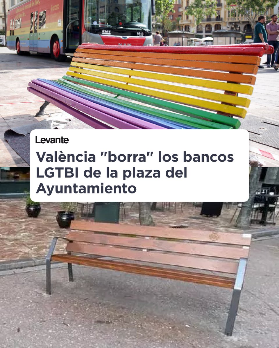 CompromisVLC's tweet photo. A Catalá els bancs morats i els de la bandera LGTBI li molestaven i ha decidit esborrar-los.

Però, malgrat la seua alcaldessa, València sempre serà una ciutat feminista, diversa i oberta, com el seu accent ;) https://t.co/c55Fleu7MR