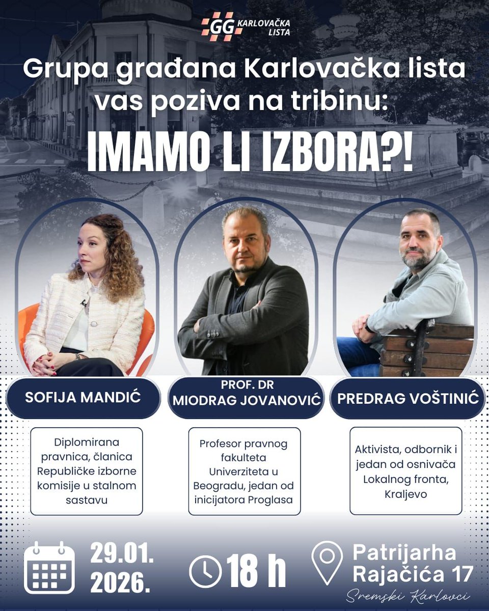 bubudja's tweet image. Četvrtak 29.1. u 18 časova u prostorijama GG Karlovačka lista održava se tribina "Imamo li izbora?" 

U okviru tribine biće promovisana knjiga "Zapisi iz pravno-političkog podzemlja" autora prof. dr Miodraga Jovanovića, a njemu će se pridružiti Sofija Mandić i Predrag Voštinić