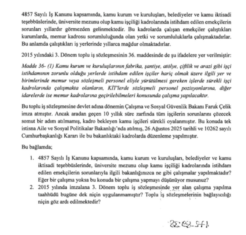 🚨Kamu işçilerinin memur kadrolarına geçişine ilişkin süreç, Meclis soru önergesiyle gündeme taşındı.