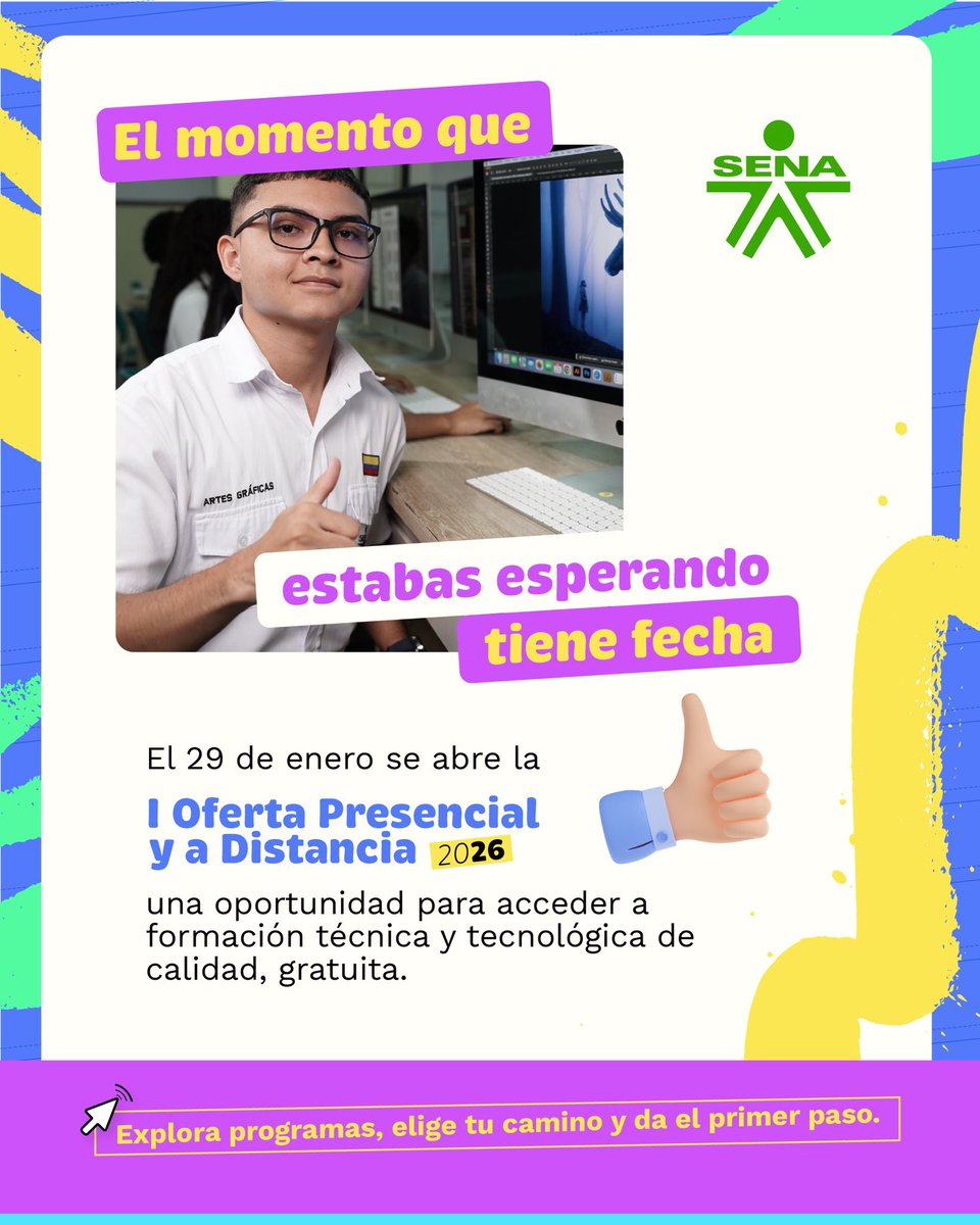 SENAComunica's tweet photo. Este 29 de enero, el SENA abre su Primera Oferta de Formación 2026 con programas técnicos y tecnólogos gratuitos, presenciales y a distancia, diseñados para convertir tu talento en oportunidades reales.

✅ Fórmate para el trabajo.
✅ Estudia gratis.
✅ Proyecta tu vida.

#EstudiaEnElSENA