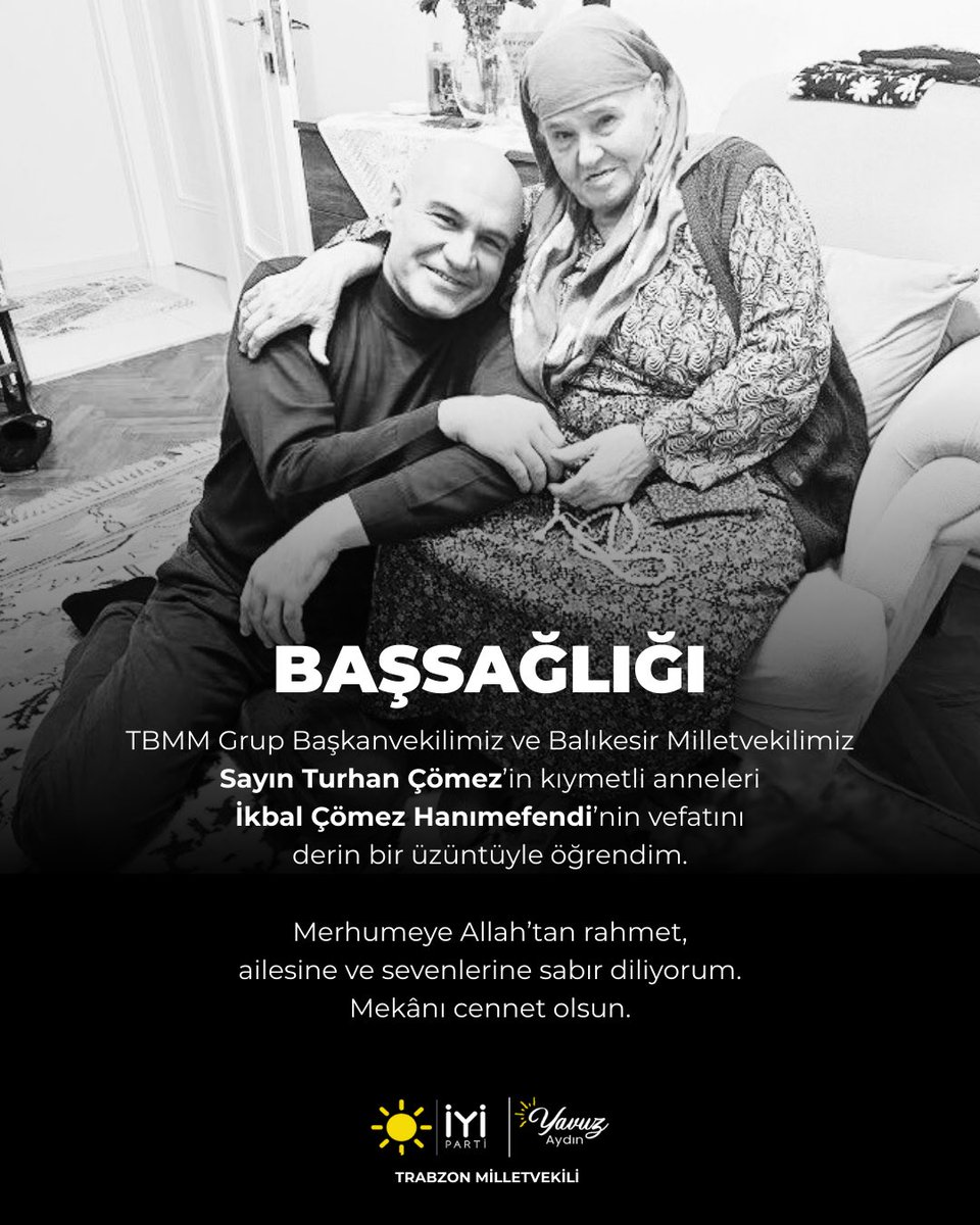 TBMM Grup Başkanvekilimiz ve Balıkesir Milletvekilimiz Sayın <a href="/ComezTurhan/">Turhan Çömez</a>’ın kıymetli anneleri İkbal Çömez Hanımefendi’nin vefatını büyük bir üzüntüyle öğrendim.

Merhumeye Allah’tan rahmet; Sayın Turhan Çömez başta olmak üzere ailesine ve tüm yakınlarına sabır ve başsağlığı