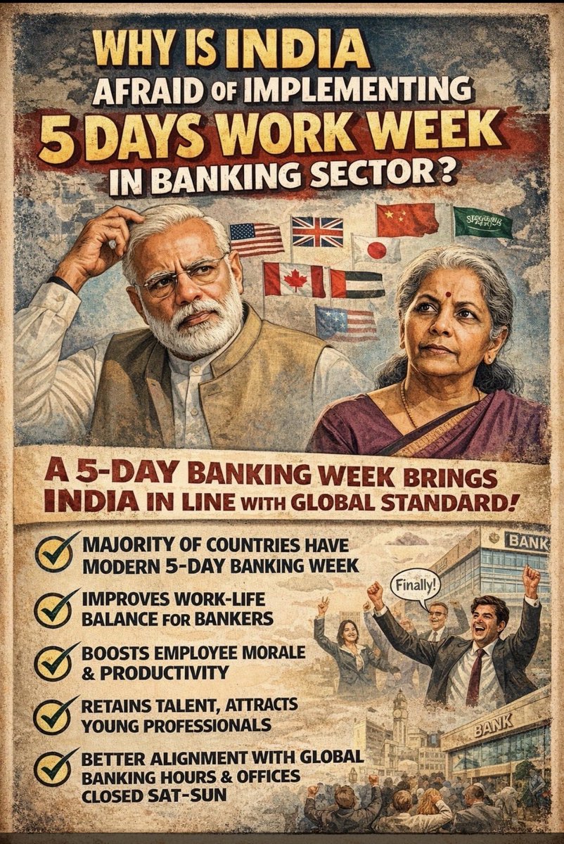 #5DaysWeekForBankers 
<a href="/nsitharaman/">Nirmala Sitharaman</a> <a href="/DFS_India/">DFS</a> <a href="/ChiefIba/">IBA_Chief_Executive</a> <a href="/FinMinIndia/">Ministry of Finance</a> <a href="/FBEU_AIBEA/">FEDERAL BANK EMPLOYEES' UNION</a>