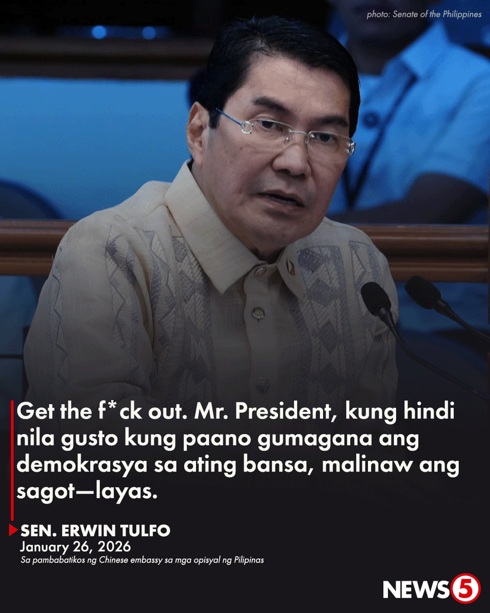 News5PH's tweet image. 'HINDI SILA ANG BOSS NATIN'

Binanatan ni Sen. Erwin Tulfo ang mga opisyal ng Chinese Embassy matapos nitong kondenahin ang ilang opisyal ng Pilipinas na nanindigan sa isyu sa West Philippine Sea.

Wala raw karapatan ang China na busalan ang ating mga opisyal na nagsasalita laban…