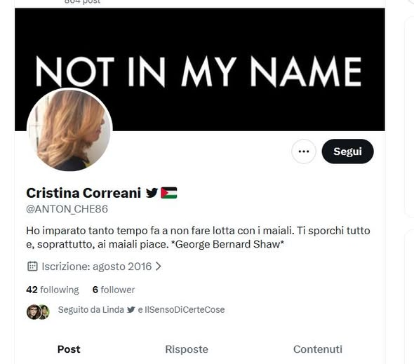 Volevo dire ad <a href="/ANTON_CHE86/">Cristina Correani 🇵🇸</a> che il furto di identità e di immagine, quella è una foto mia, sono io è un reato, quindi o cancelli quel profilo o te lo faccio spiegare da un avvocato.