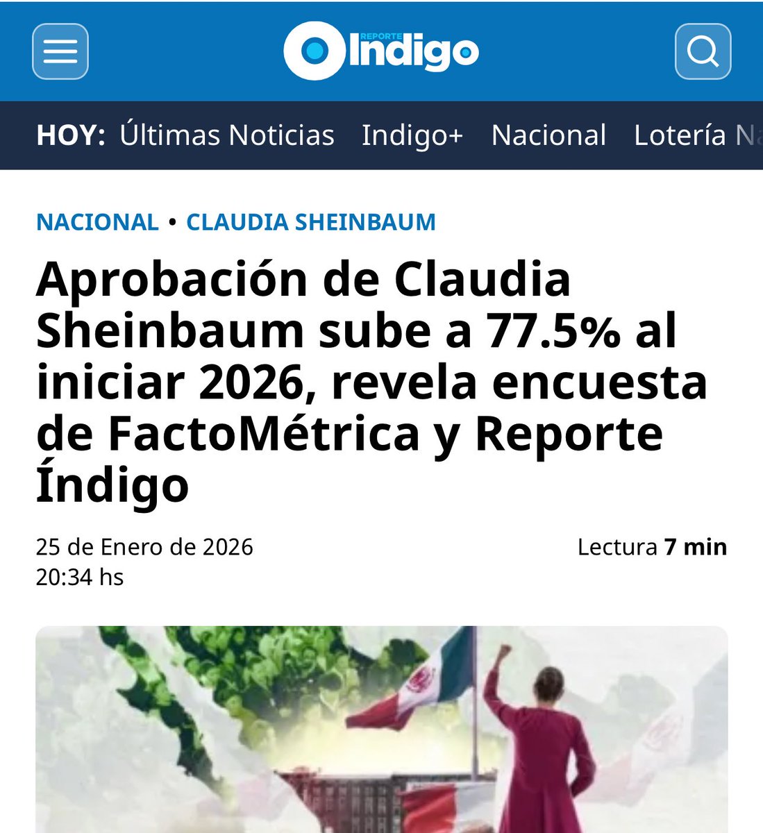 #Importante 🚨📸 | Sube la aprobación de la presidenta Claudia Sheinbaum a 77.5% al iniciar 2026, de acuerdo con la encuesta de <a href="/FactoMetrica/">FactoMétrica</a> y <a href="/Reporte_Indigo/">Reporte Índigo</a>

📌 Los niveles de aceptación para #ClaudiaSheinbaum se han mantenido superiores a 70%

📌 Da resultados su cercanía