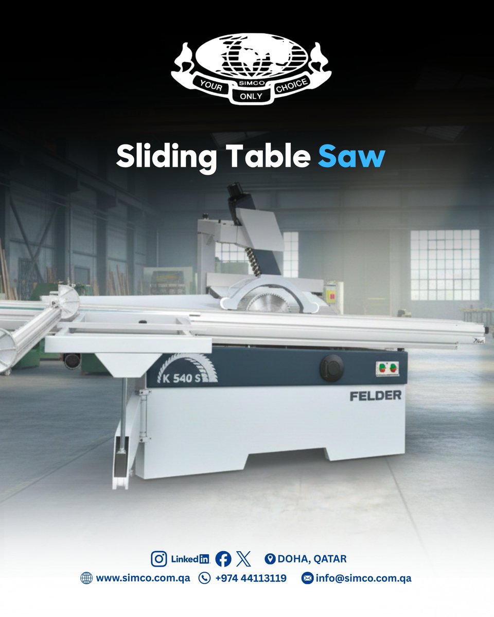 SimcoQatar's tweet image. Precision, power, and reliability come together with SIMCO Sliding Table Saw.

📮 P.O. Box: 40140
🌐 simco.com.qa
📧 info@simco.com.qa
📞 +974 44113119
#SIMCO #IndustrialMachinery #UniversalMillingMachine #PrecisionEngineering #ManufacturingSolutions