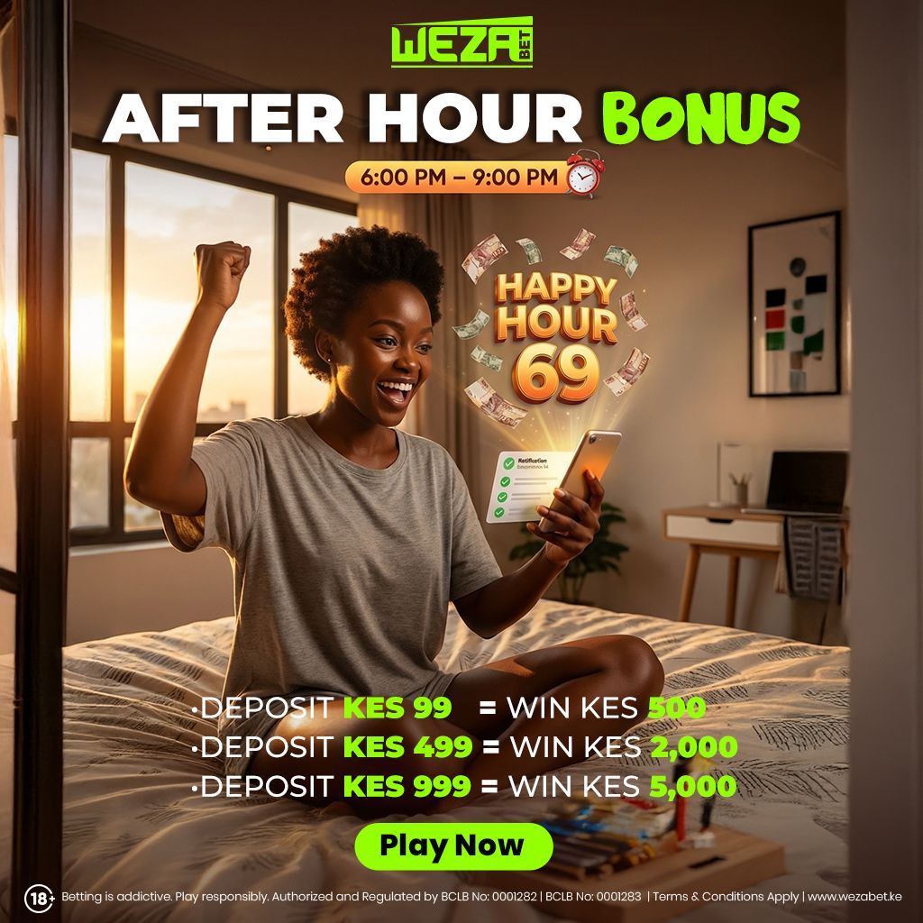 GoldenWriters_'s tweet image. Turn your evenings into wins with the WEZABET After Hour Bonus from 6–9 PM! Deposit KSh 99 to grab KSh 500, KSh 499 for KSh 2,000, or KSh 999 for KSh 5,000. Quick, fun, and full of winning potential!
#HappyHour #SpinAndWin