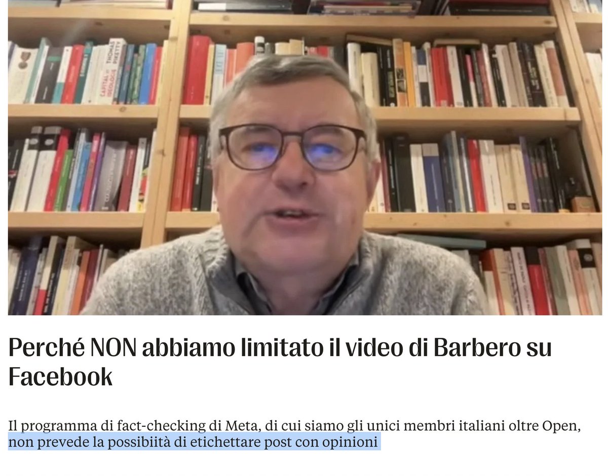 Dopo <a href="/PagellaPolitica/">Pagella Politica</a>, anche <a href="/FactaNews/">Facta</a> si dissocia dalla vicenda Barbero, confermando la nostra interpretazione più preoccupante: è stata fondamentalmente censurata un'opinione.

«In base alle regole stabilite da Meta, il programma non prevede ad esempio la possibilità di