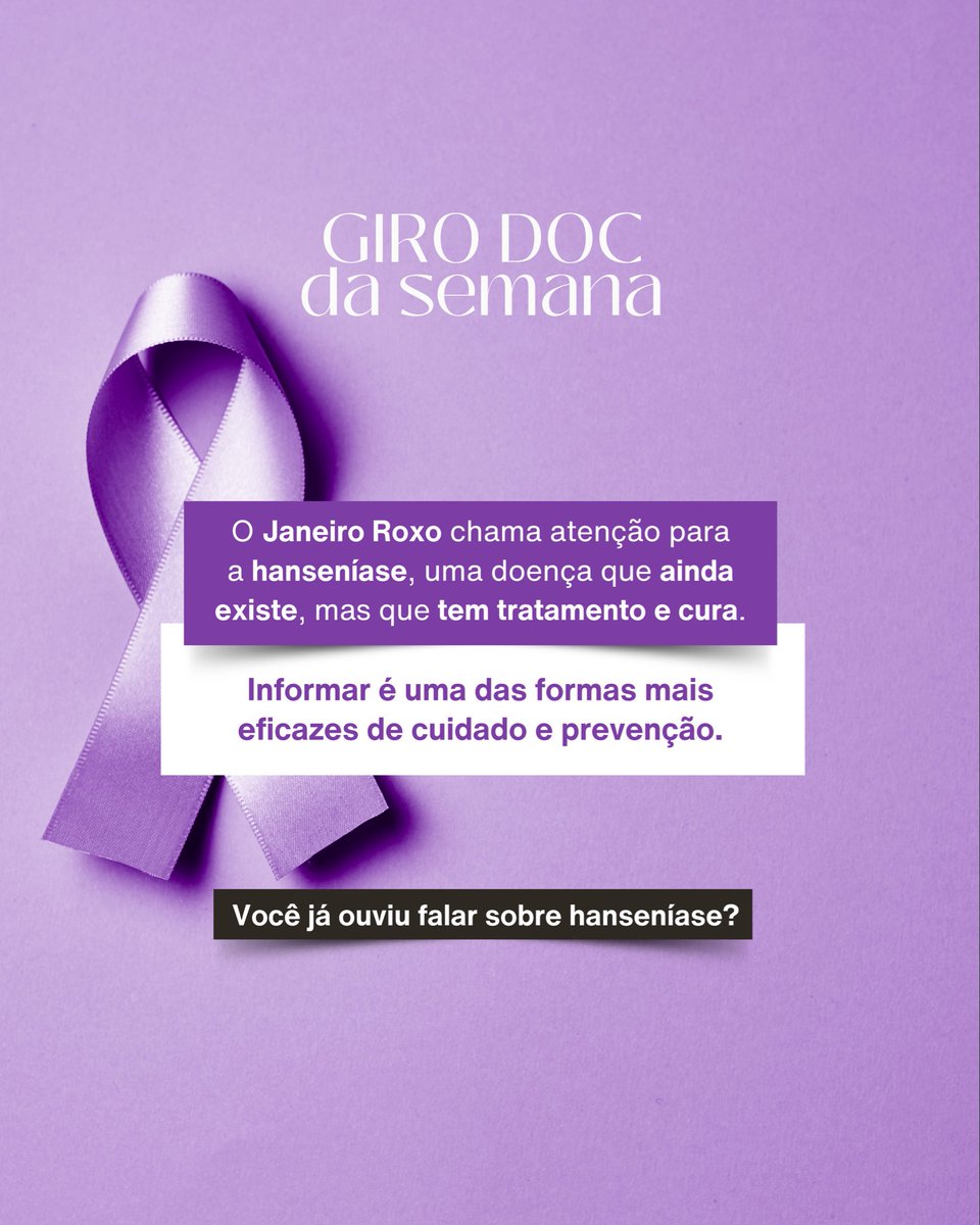 Bom day 💜
No #GiroDoc de hoje, o tema é a hanseníase.
Uma doença que ainda existe, mas que tem tratamento e cura quando identificada a tempo.
Segue o fio 🧶