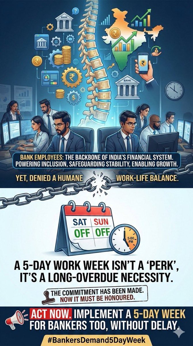Growth runs on bankers.
The economy rests on their shoulders.

Denying them a 5-day week is injustice, not policy.
Implement what was promised
#5DaysWeekForBankers

 <a href="/PMOIndia/">PMO India</a> <a href="/DFS_India/">DFS</a> <a href="/nilesh_pawar15/">Nilesh Pawar</a> <a href="/fboioa_india/">Federation of Bank of India Officers' Associations</a>