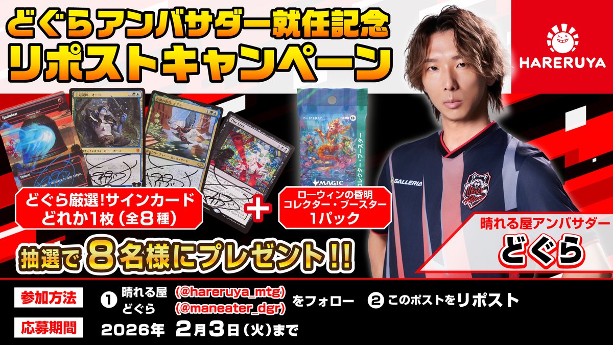 hareruya_mtg's tweet image. 【キャンペーン】
🌞どぐらアンバサダー就任記念👿
🔁リポストキャンペーン🔁

✅どぐら(@maneater_dgr)と当アカウント(@hareruya_mtg )両方をフォロー
✅このポストをリポスト

抽選で8名様に『どぐら厳選サインカード1枚』+《ローウィンの昏明…