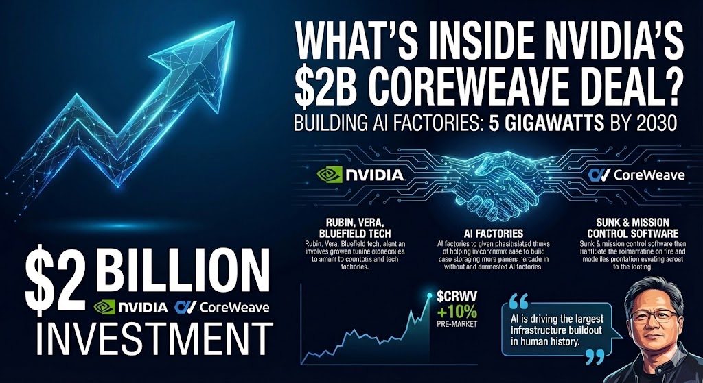 mblancresearch's tweet image. What's Inside NVIDIA's $2B CoreWeave Deal?

Here's the real juice:

1/4 - buying shares at $87.20 each.

2/4 - Massive push to build &amp;gt;5 GIGAWATTS of AI factories by 2030 

3/4 - CoreWeave gets early dibs on killer new tech: Rubin architecture, Vera CPUs, BlueField…