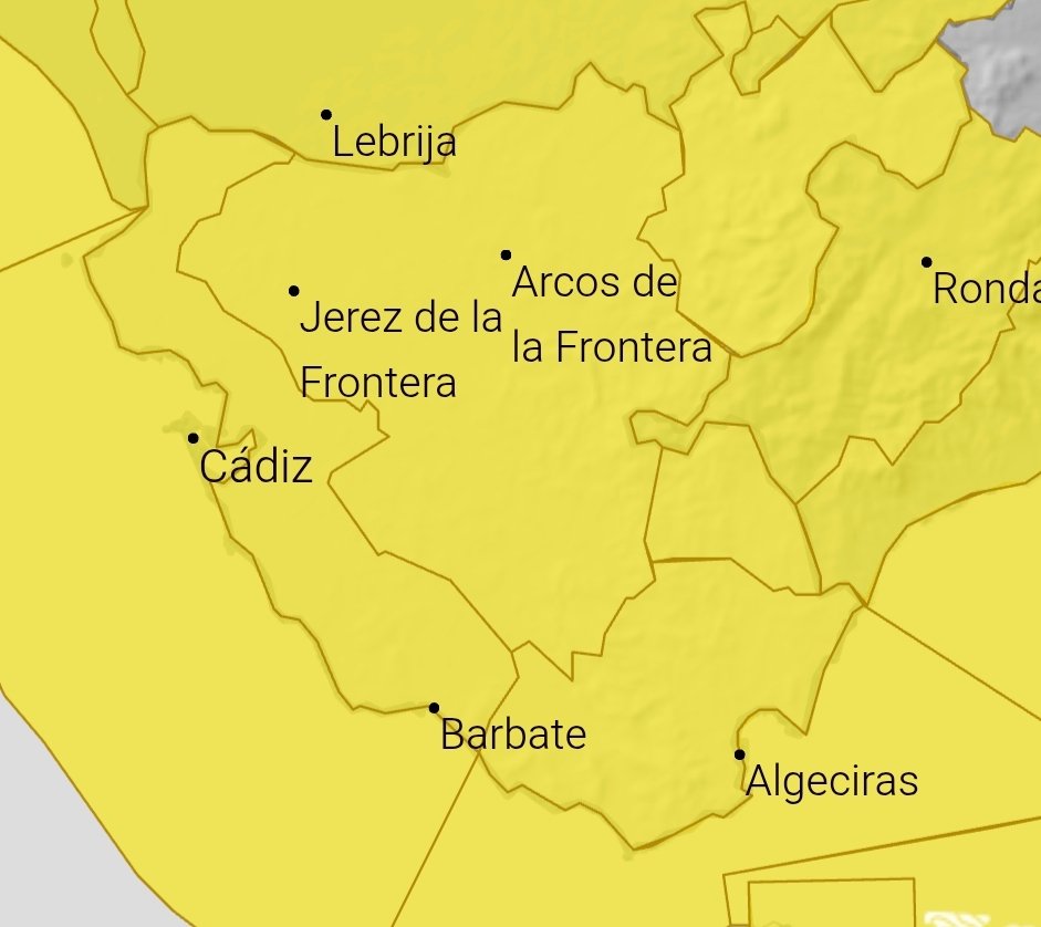 Martes 06:00-17:59
AVISO AMARILLO en TODA LA PROVINCIA.
-VIENTO(SO y O): hasta 80km/h (70km/h en Sierra Grazalema y 90km/h Estrecho)
-LLUVIA:hasta 15mm en 1hora Estrecho: 20mm en 1h y/o 40mm en 12horas.
Sierra Grazalema:20mm en 1h y/o 70mm en 12horas(100mm en municipio Grazalema)
