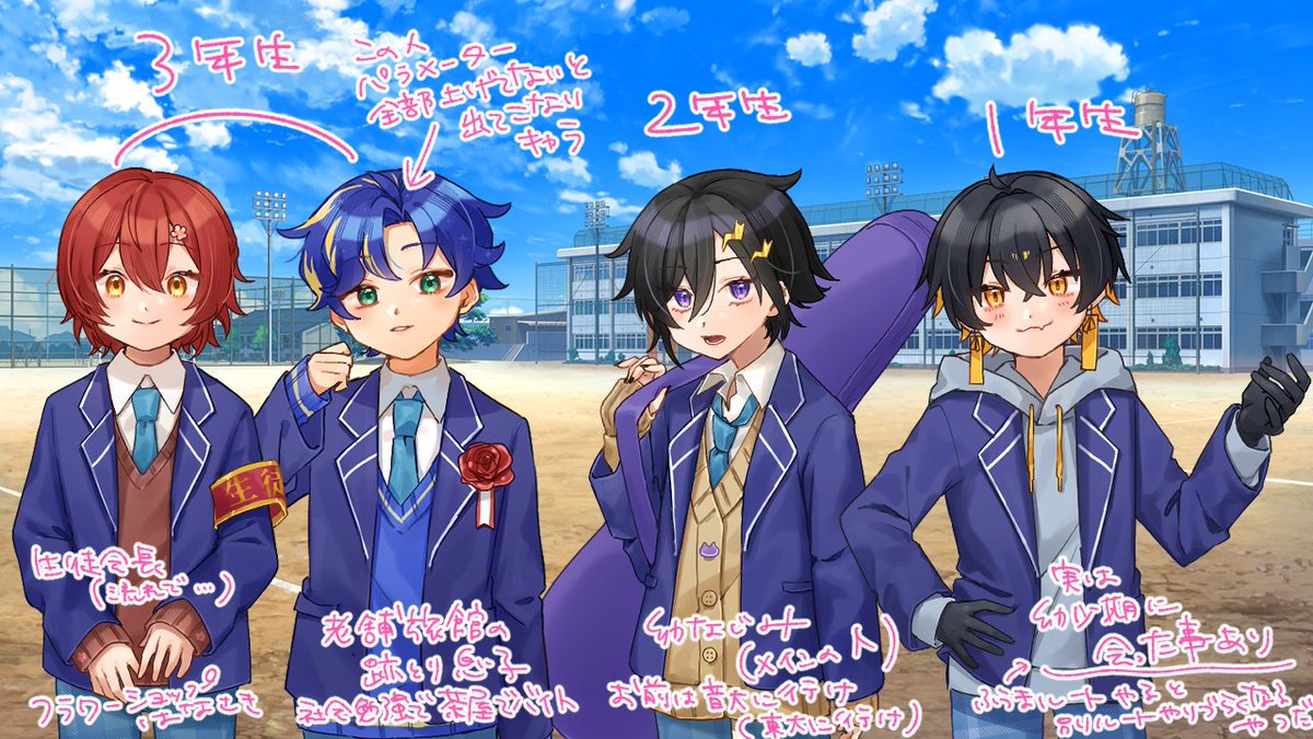 作った立ち絵全員並べてみたよん😆
（※並べるためにつくってないので身長差の考慮なしで描いた）

ゲーム作中に描写ないけど色々設定つくってるから、もし知りたい人がいるならいつかまとめてみようかな
#tokisuta