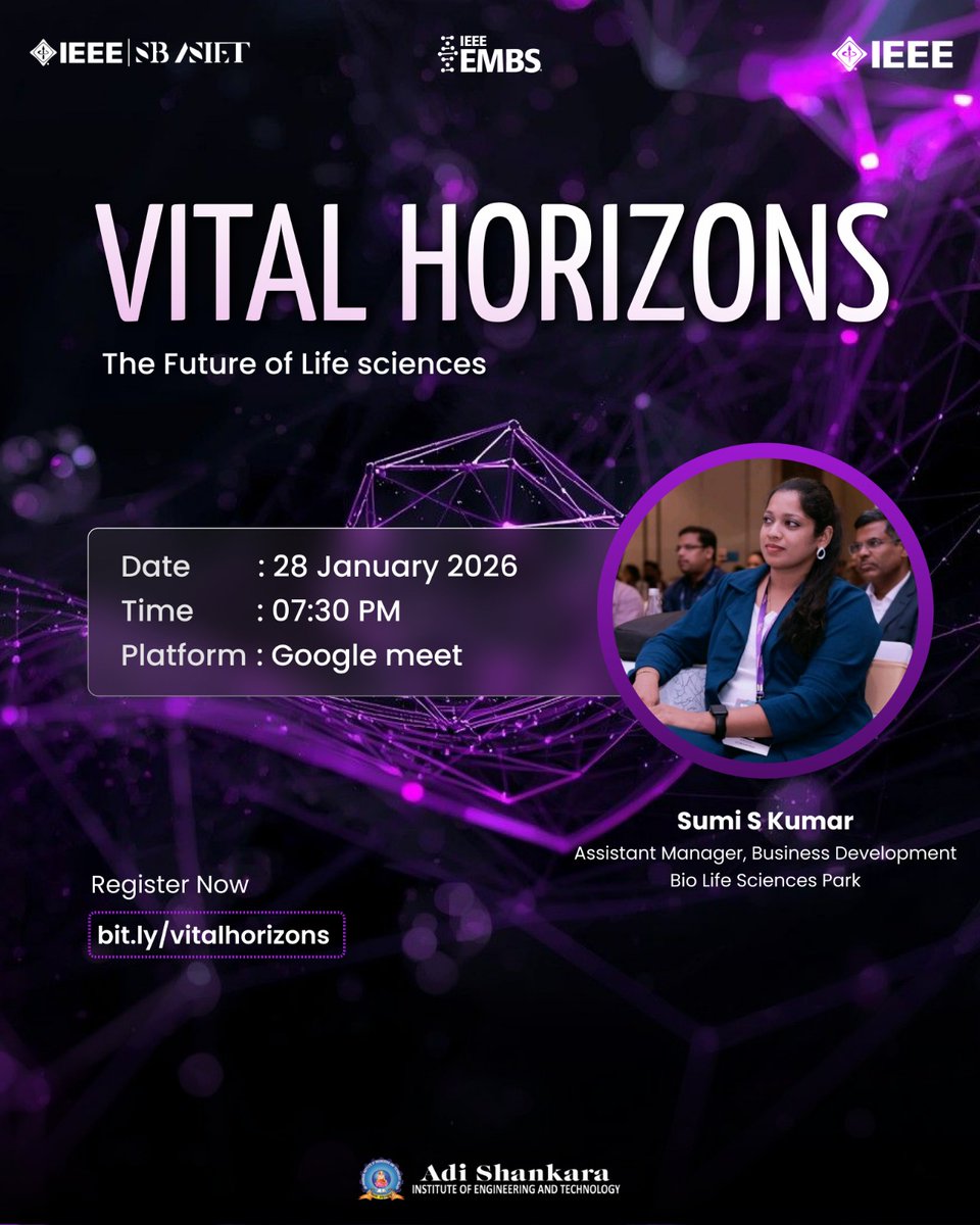 ieeesbasiet's tweet photo. IEEE EMBS SBC ASIET proudly presents Vital Horizons: The Future of Life Sciences where engineering meets biotechnology and healthcare. https://t.co/sAn9PNacle