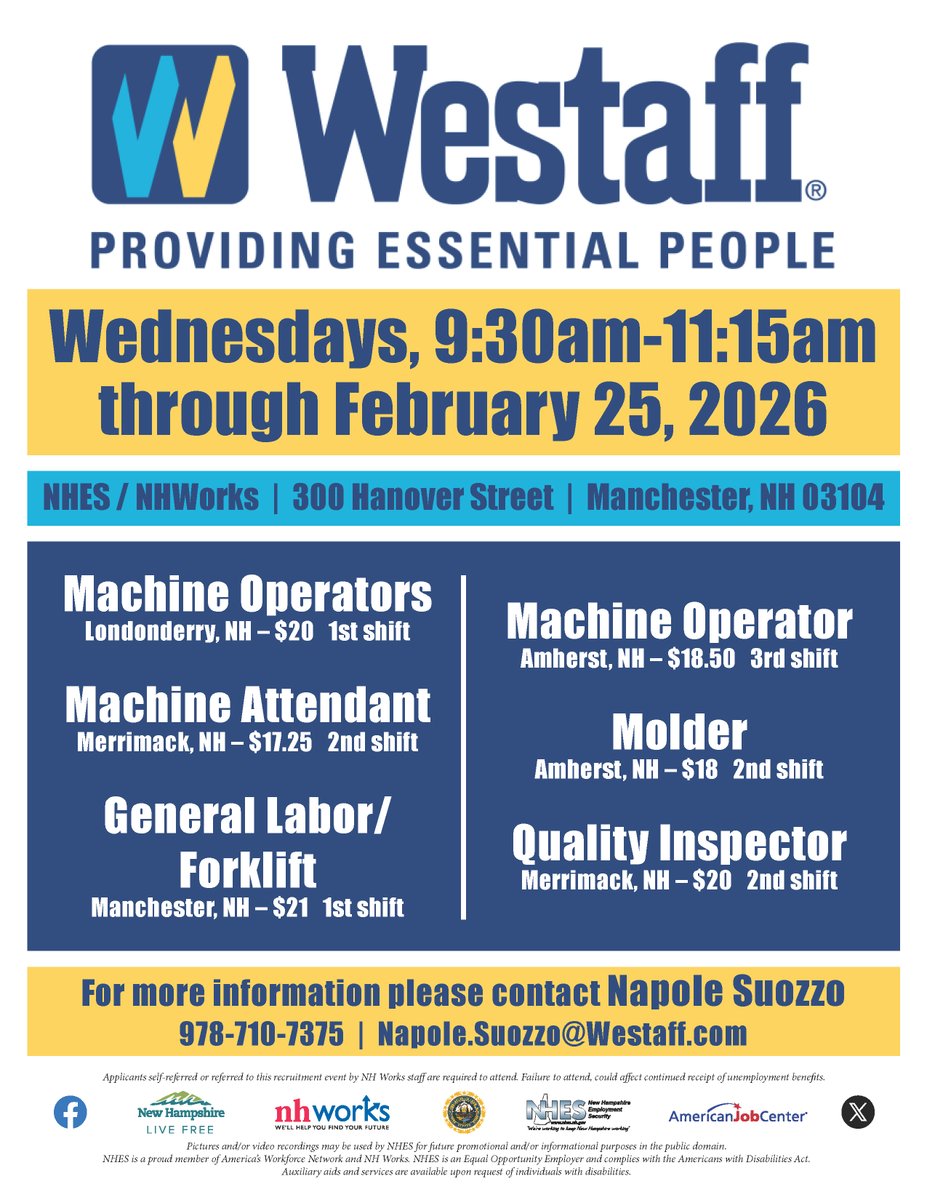 NHESWorking's tweet image. WeStaff Recruitment Events
Wednesdays in February 2026!
February 4th, 11th, 18th, 25th!
9:30am - 11:15am 

NHES / NHWorks
300 Hanover Street
Manchester, NH 03104

#NHWorks #NHES #JobsInNH #NHJobs
