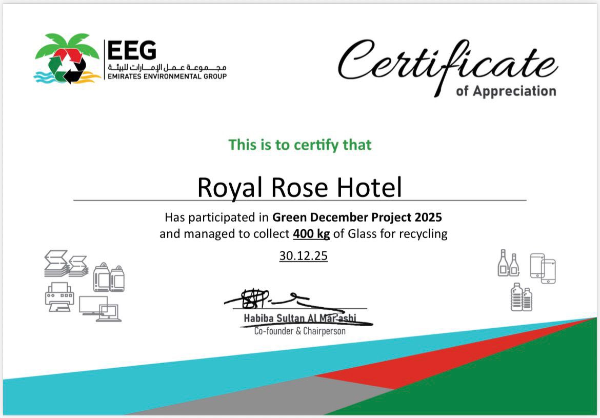 RoyalRoseHotel's tweet photo. Proud moment for Royal Rose Hotel ♻️
Recognized by EEG for the Green December Project 2025 after collecting 400 kg of glass for recycling 🌍

Committed to a greener future, one step at a time. 💚

#GreenDecember #EEG #Sustainability #RoyalRoseHotel https://t.co/ZV576wTmVy