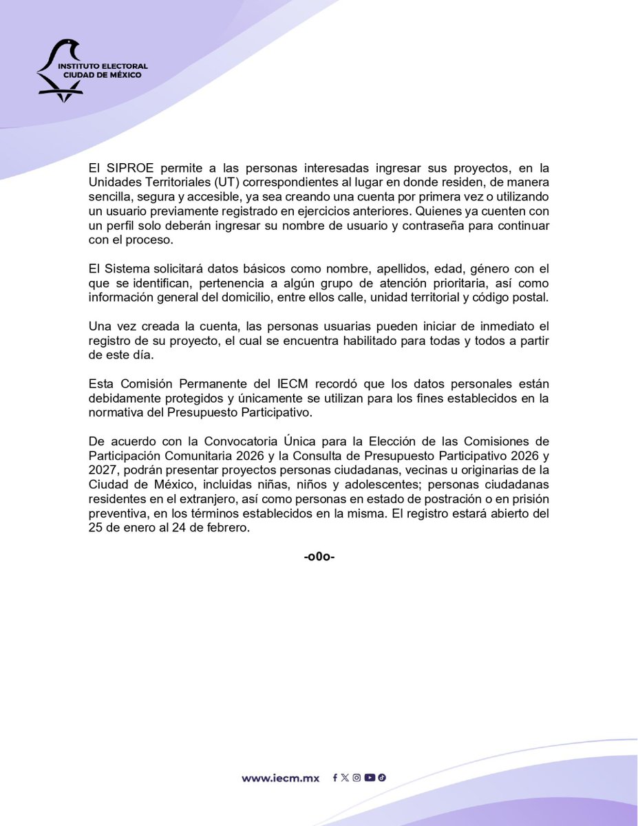 El #IECM habilitó, desde las 09:00 horas del domingo 25 de enero, el Sistema de Registro de Proyectos (SIPROE) para el #Presupuesto Participativo 2026 y 2027, que facilita la presentación de propuestas comunitarias que contribuyan al mejoramiento de las colonias, pueblos y