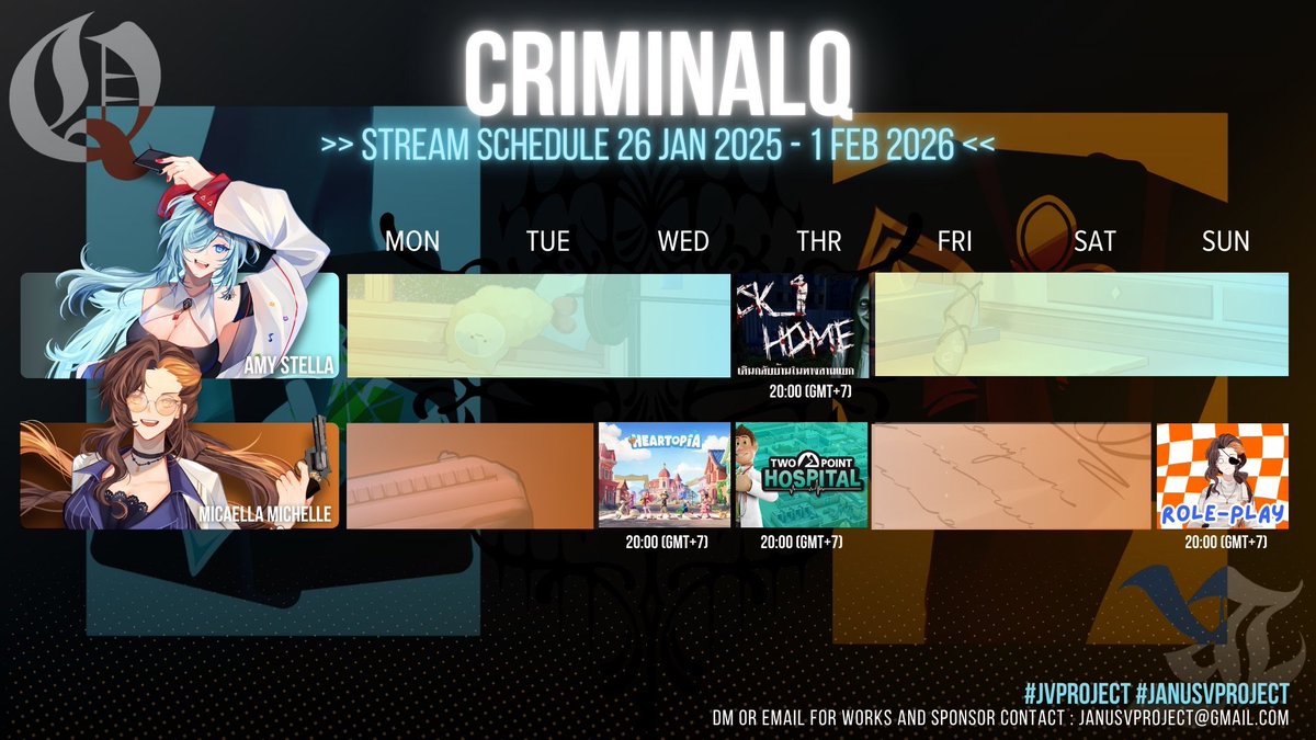 Janusv_Project's tweet image. SCHEDULE  26 JAN 2026 - 1 FEB 2026
========================         
 -UNIT-     
#ZENTRION
 #CRIMINALQ
========================        
 #VtuberTH #JVProject